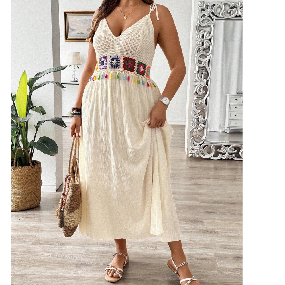 Plus Granny square Crochet Tassel Detail High Waisted Cami Dress - Picture 7 of 7